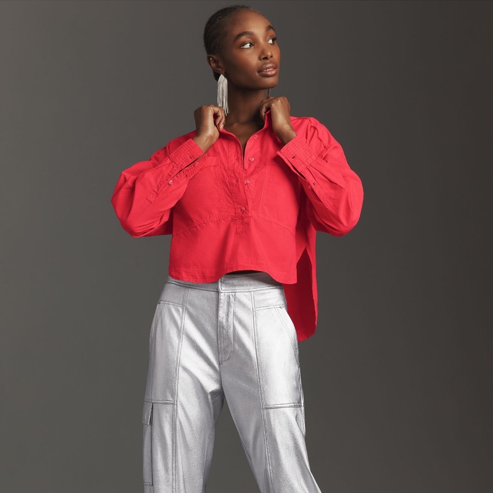 Anthropologie Red Back Slit Buttondown Shirt